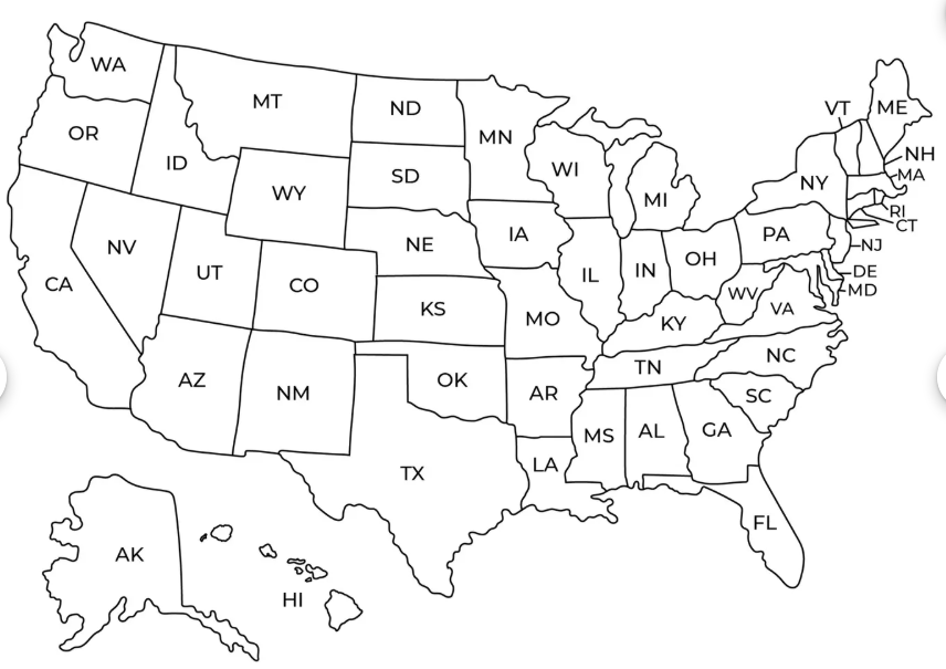 Map of United States showing all 50 states