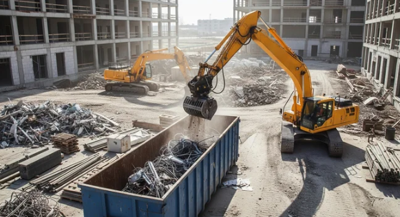 Construction debris recycling with excavator loading dumpster