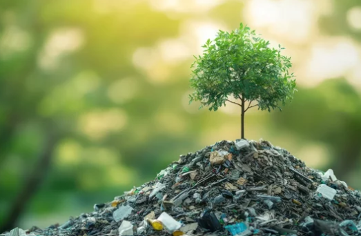 Tree growing from recycled waste representing sustainability